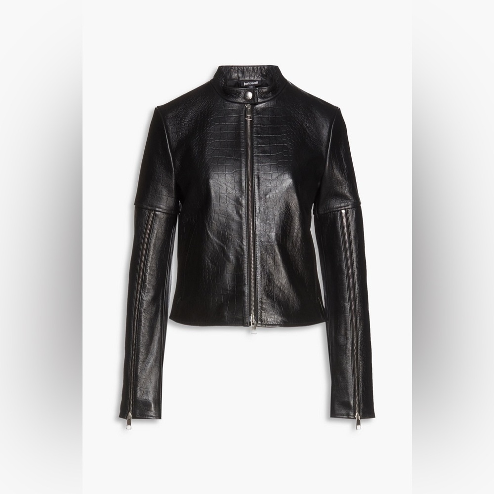 NWT - JUST CAVALLI CROC-EFFECT LEATHER BIKER JACKET IN BLACK - Size 40 IT  (XS)
